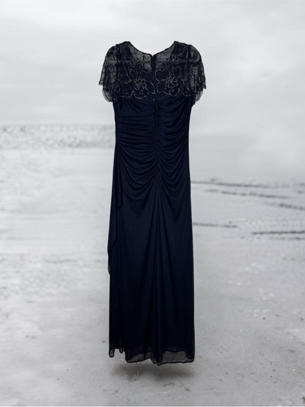 XSCAPE Dahlia Long Sheer Matte Jersey Beaded Top Dress coquette Navy Size 12 - Picture 7 of 15
